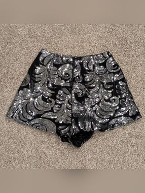 Show Me Your Mumu Silver Sequin Filigree High Waisted Fitted Mini Shorts - XS